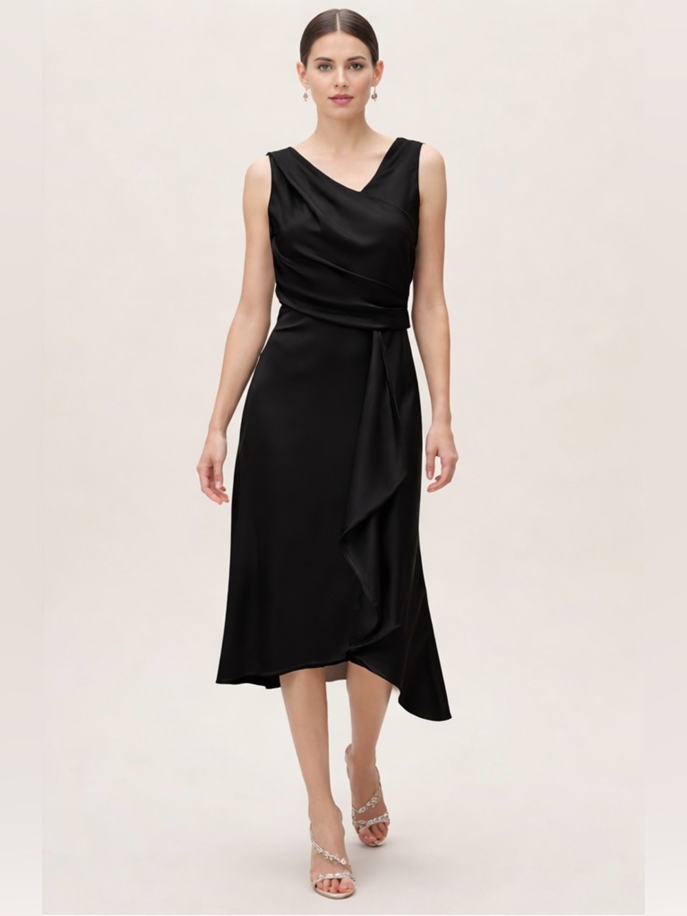BHLDN Black Satin Asymmetrical Midi Dress Draped Formal Wedding Guest Size 2